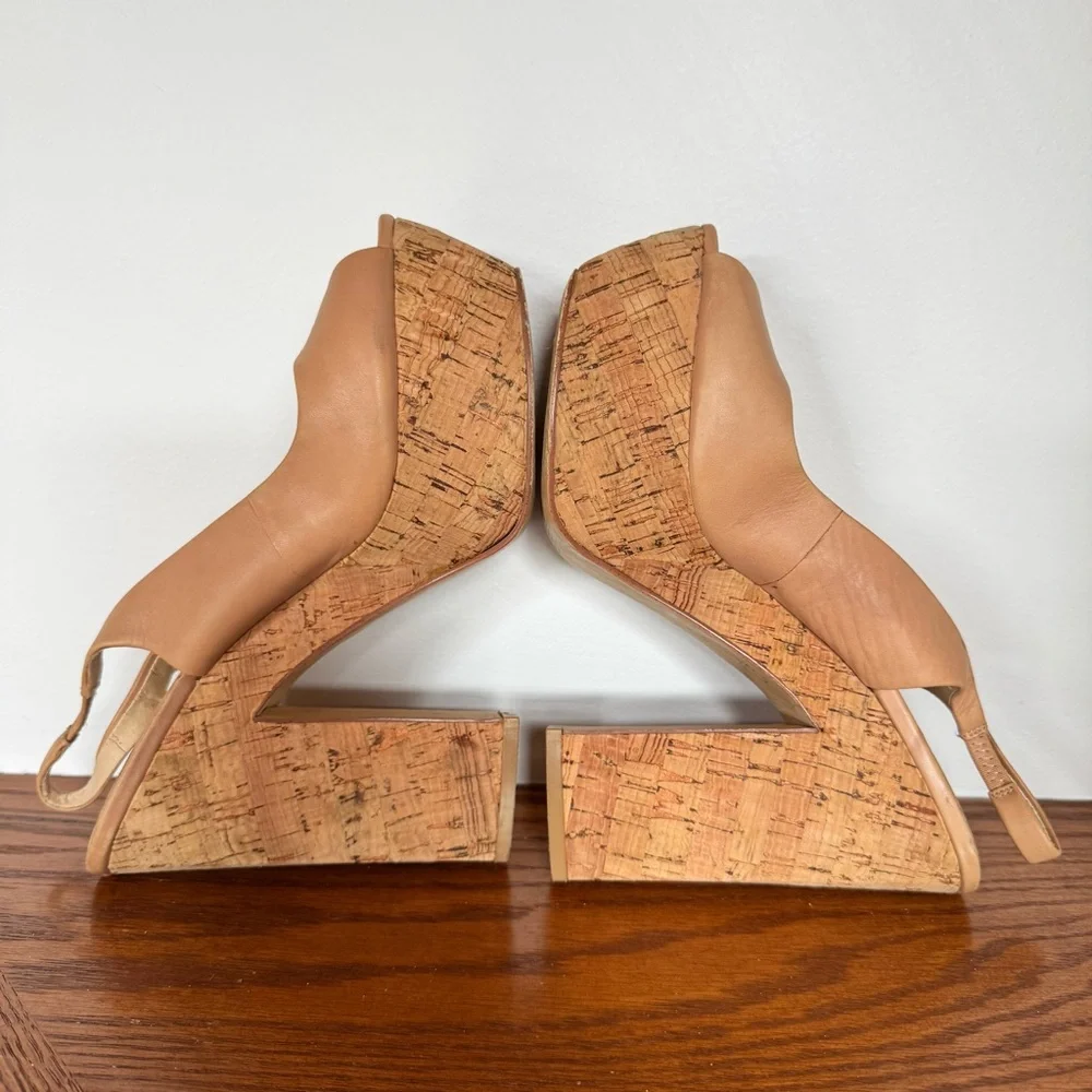 Calvin Klein Raimy Tan Slingback Peep Toe Cork Platform Block Heel 8